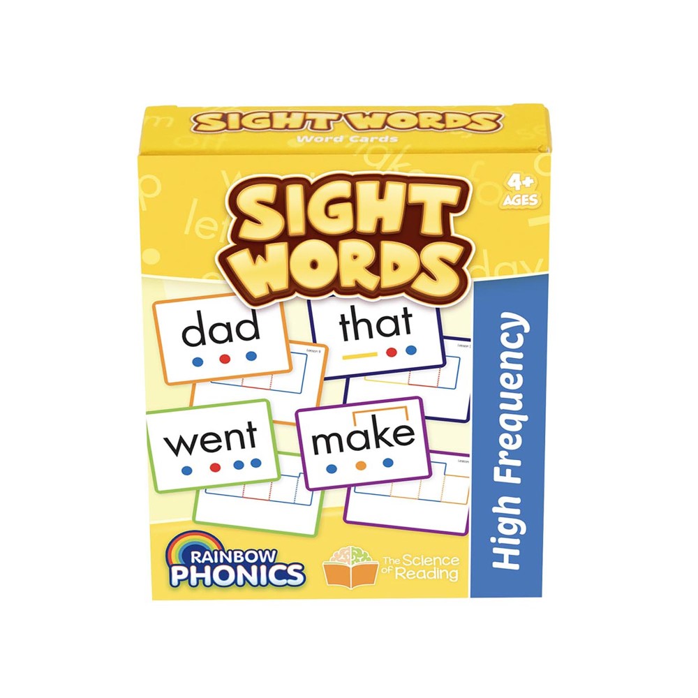 Sight Words High Frequency word cards box featuring examples: dad, that, went, make. Rainbow Phonics learning product for ages 4+