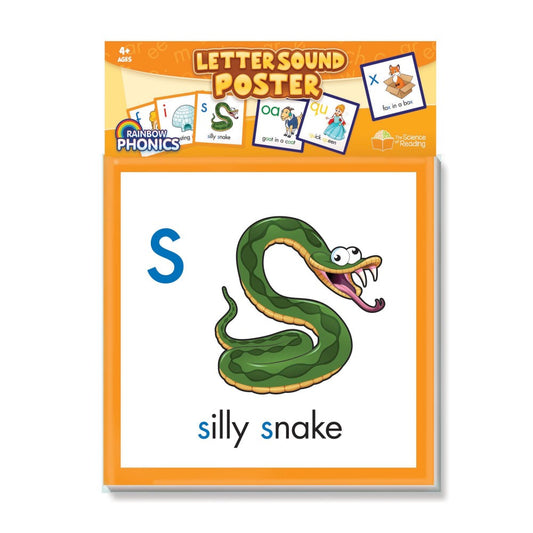 Letter Sound Poster showing uppercase S, cartoon green snake with open mouth, and text "silly snake" — Rainbow Phonics learning tool for ages 4+