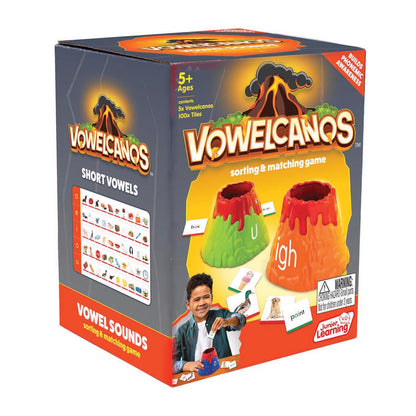 Vowelcanos vowel sorting and matching game with red volcano pieces and tile cards for learning short vowels
