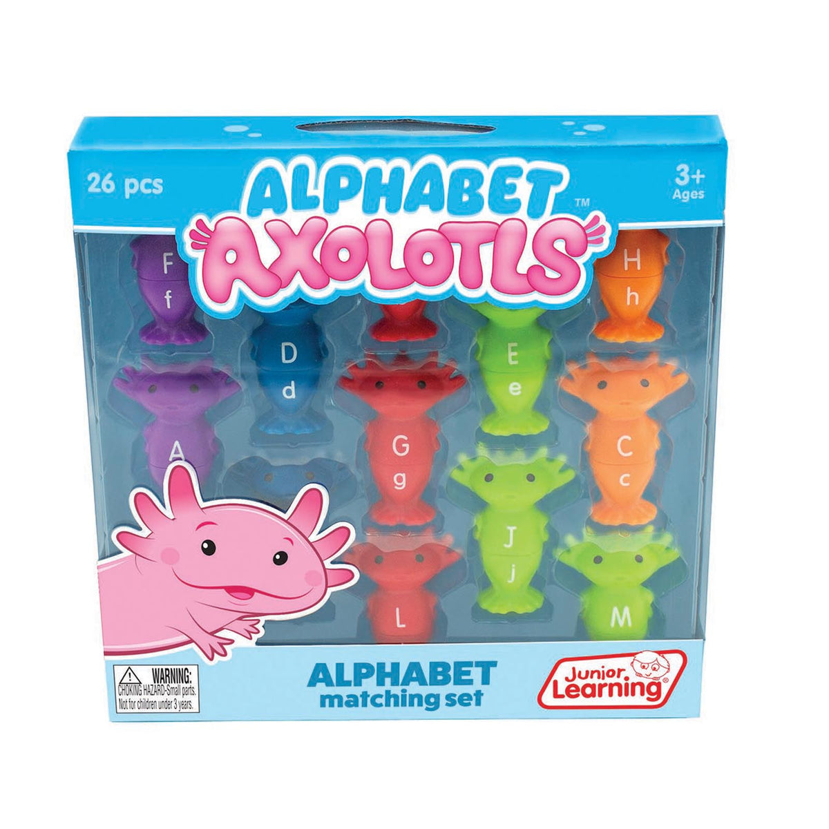 Alphabet Axolotls 26-Piece Letter Matching Set with colorful axolotl figures in pink, purple, blue, red, green, and o...