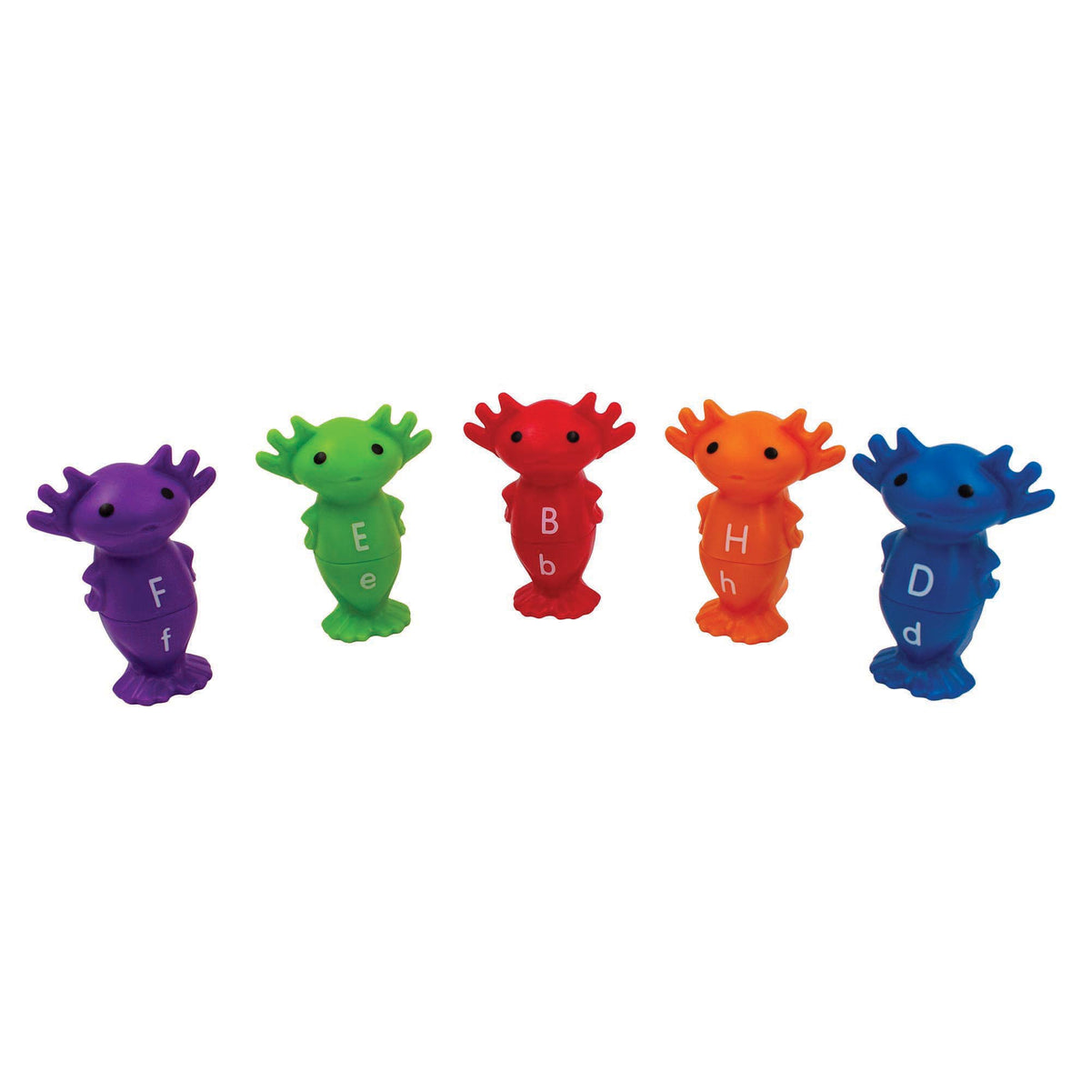 Alphabet Axolotls 26-Piece Letter Matching Building Set with colorful purple, green, red, orange, and blue axolotl toys