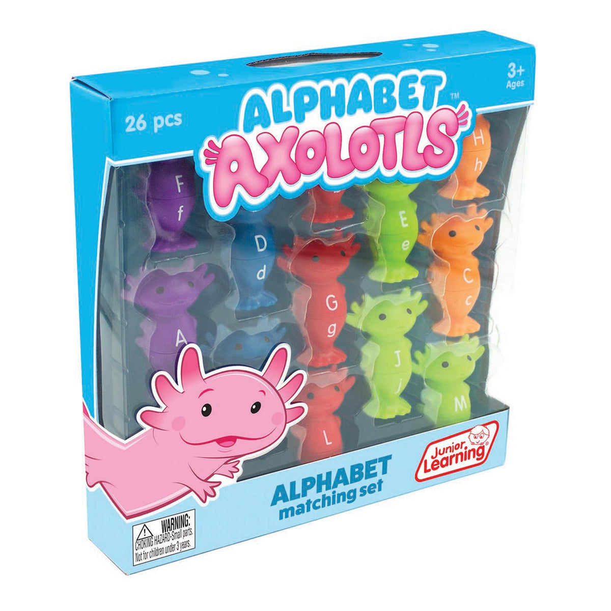 Alphabet Axolotls 26-Piece Letter Matching Set with colorful axolotl figures in purple, blue, red, green, and orange