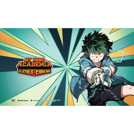 My Hero Academia Collectible Card Game playmat featuring anime character Izuku Midoriya with green hair in hero costume on radiating green and yellow comic-styl