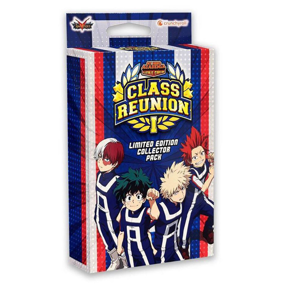 My Hero Academia Class Reunion Limited Edition Collector Pack card game box featuring four anime characters in school uniforms on blue and red striped packaging