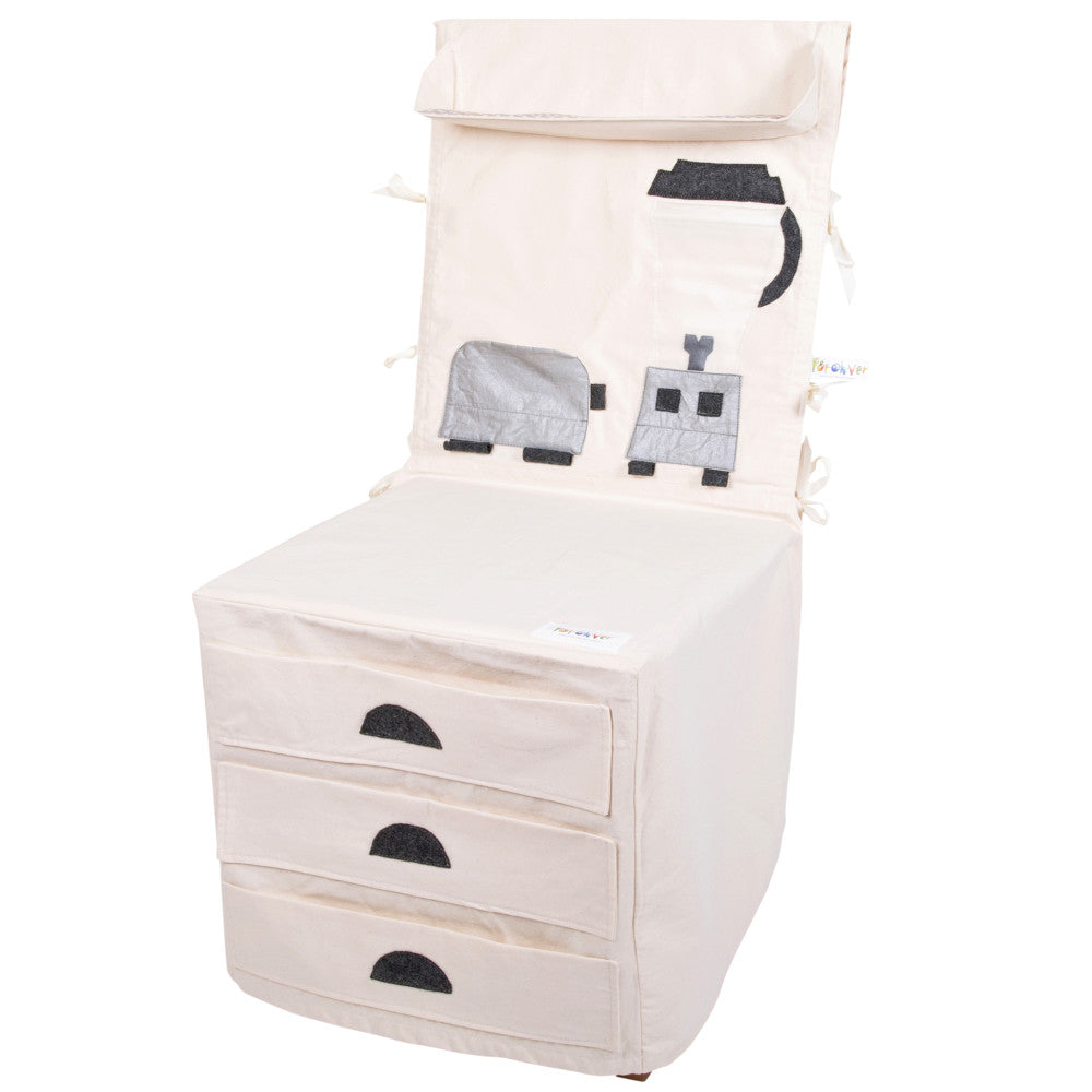 PopOver Deluxe Pretend Play Kitchen Counter Set, cream-colored fabric storage unit with three drawers, appliance details, and cooking accessories on plain backg