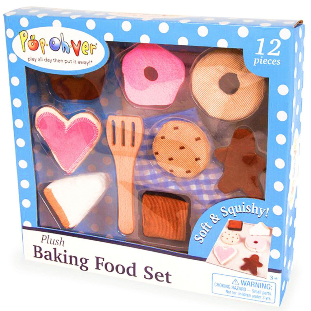 PopOhVer plush baking food set with 12 soft pieces including pink donut, chocolate chip cookie, gingerbread man, heart, wooden spatula, and pastry items in pack