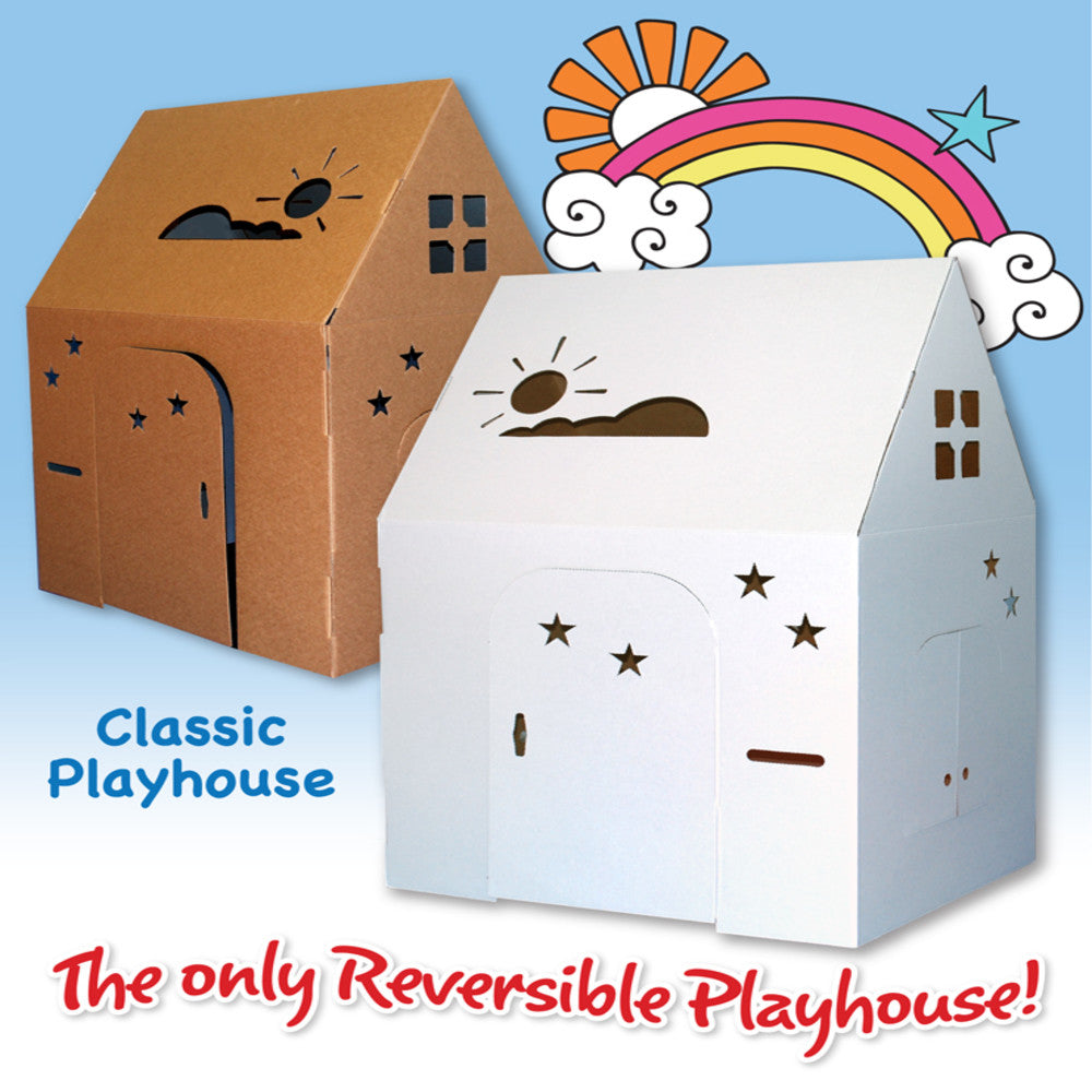Classic Playhouse reversible cardboard fort shown in brown and white versions with day and night designs, sun and star illustrations, rainbow graphic, and doors