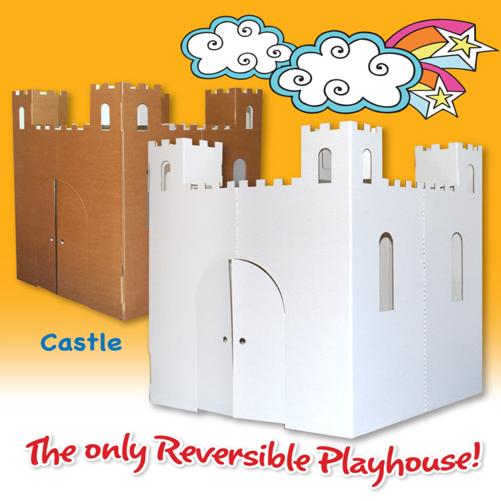 Reversible cardboard castle playhouse in white and brown, featuring crenellated towers, arched doorway, and narrow windows, shown against yellow background with