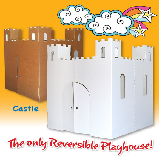 Reversible cardboard castle playhouse in white and brown, featuring crenellated towers, arched doorway, and narrow windows, shown against yellow background with