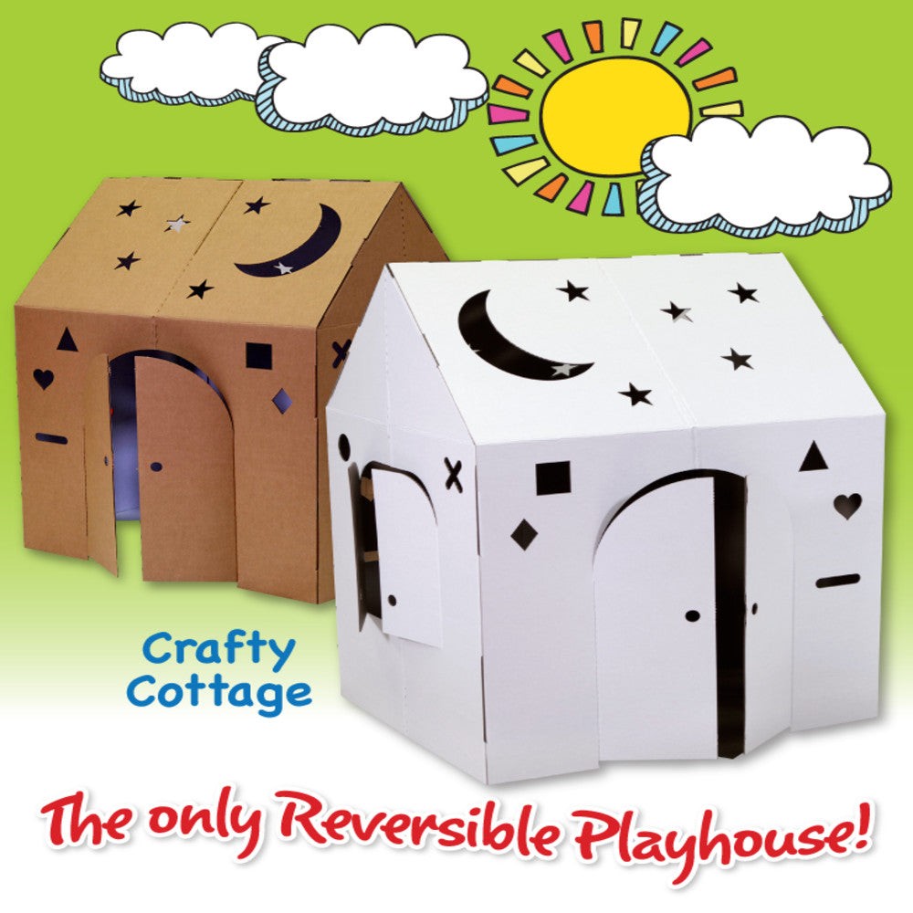 Two cardboard playhouses shown side-by-side — one brown and one white — each decorated with moons, stars, and geometric shapes, reversible design with multiple