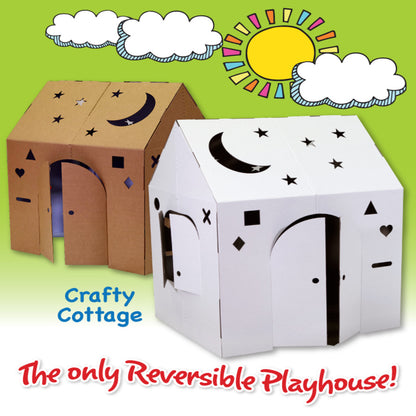 Two cardboard playhouses shown side-by-side — one brown and one white — each decorated with moons, stars, and geometric shapes, reversible design with multiple