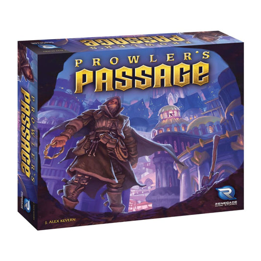 Prowler's Passage Strategy Board Game box showing a hooded character in brown armor in a purple fantasy cityscape with ornate buildings