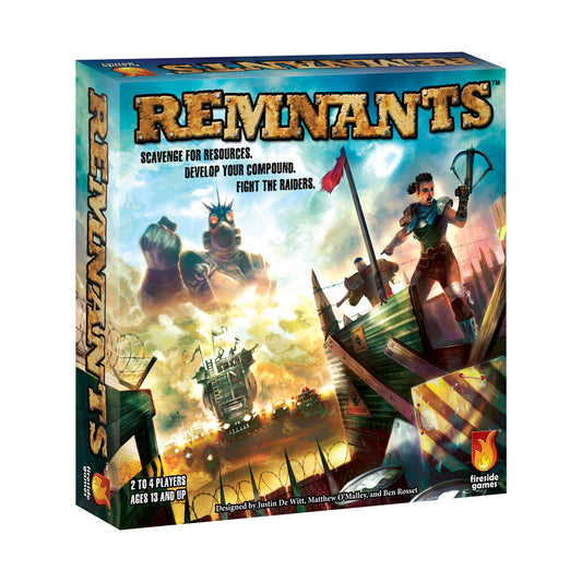 Remnants Post-Apocalyptic Survival Board Game box showing post-apocalyptic landscape with characters, destroyed structures, and explosions; 2 to 4 players, ages