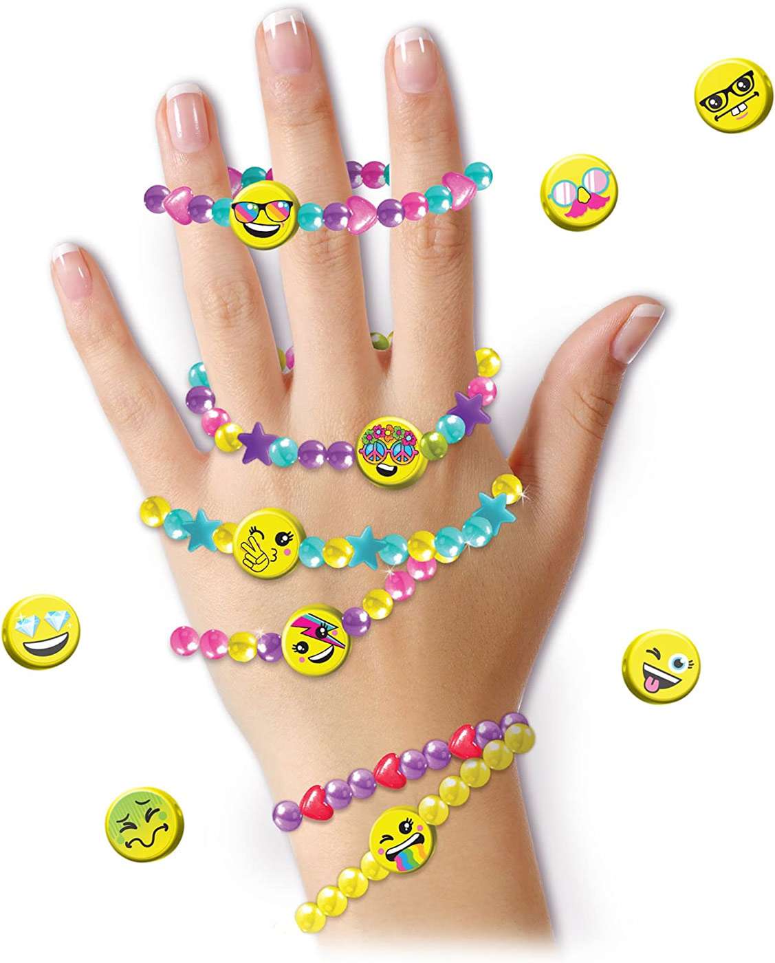 Hand modeled by a child wearing multiple beaded bracelets with colorful emoji charms in yellow, purple, pink, and turquoise beads, with various emoji expression