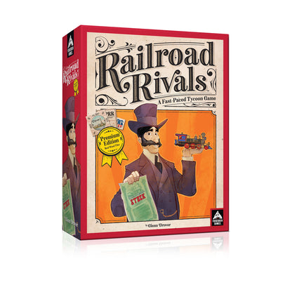 Railroad Rivals Premium Edition board game box featuring vintage-style illustration of a mustachioed man in top hat holding money and a train on orange backgrou