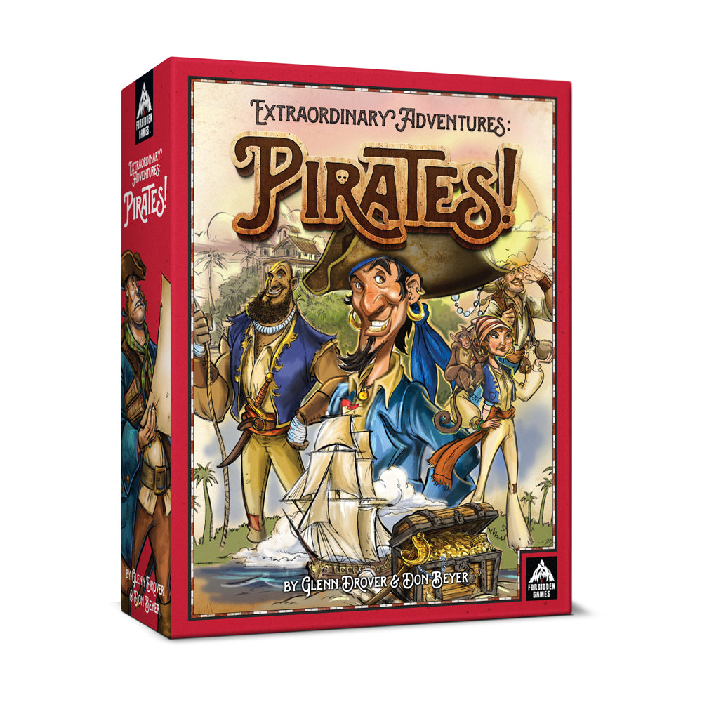 Extraordinary Adventures: Pirates! board game box with red edges, featuring illustrated pirate characters, a ship, and treasure chest on cream-colored cover