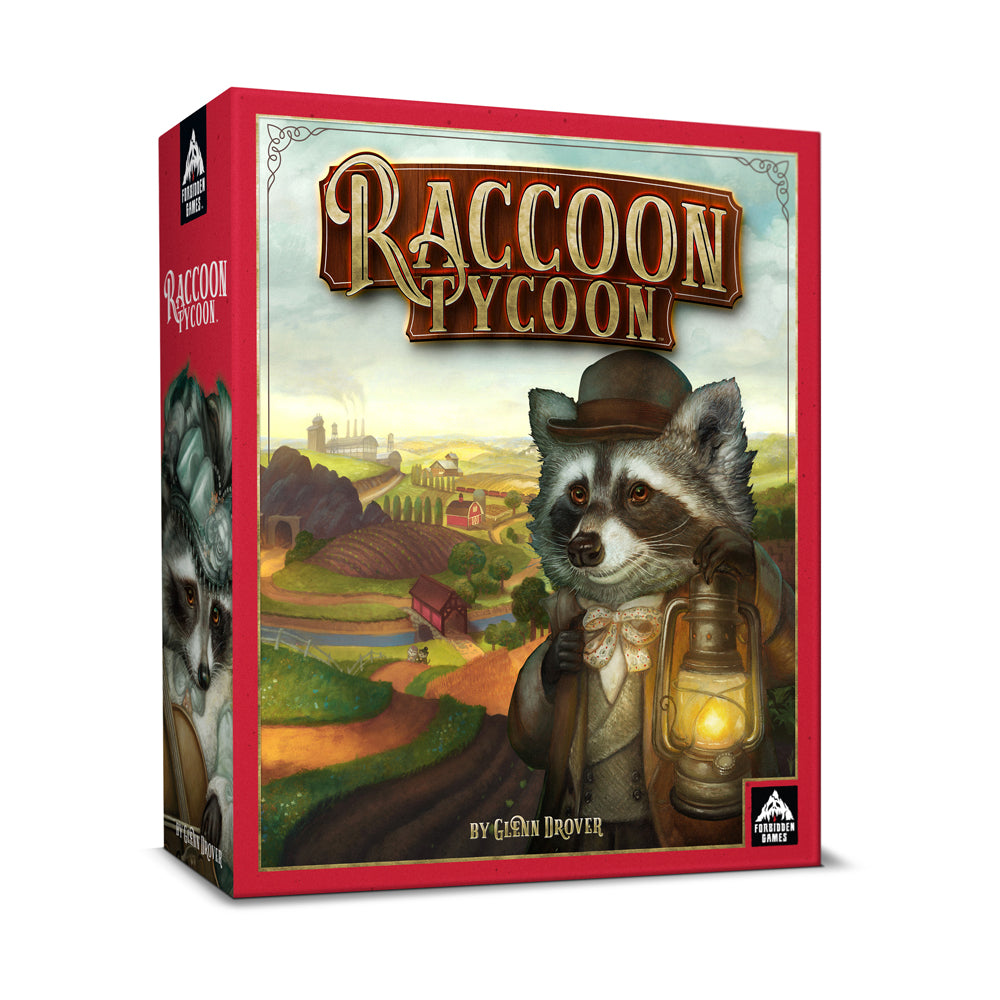Raccoon Tycoon board game box featuring a raccoon in a bowler hat and coat holding a lantern, with a pastoral landscape and farm buildings in the background
