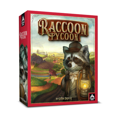 Raccoon Tycoon board game box featuring a raccoon in a bowler hat and coat holding a lantern, with a pastoral landscape and farm buildings in the background