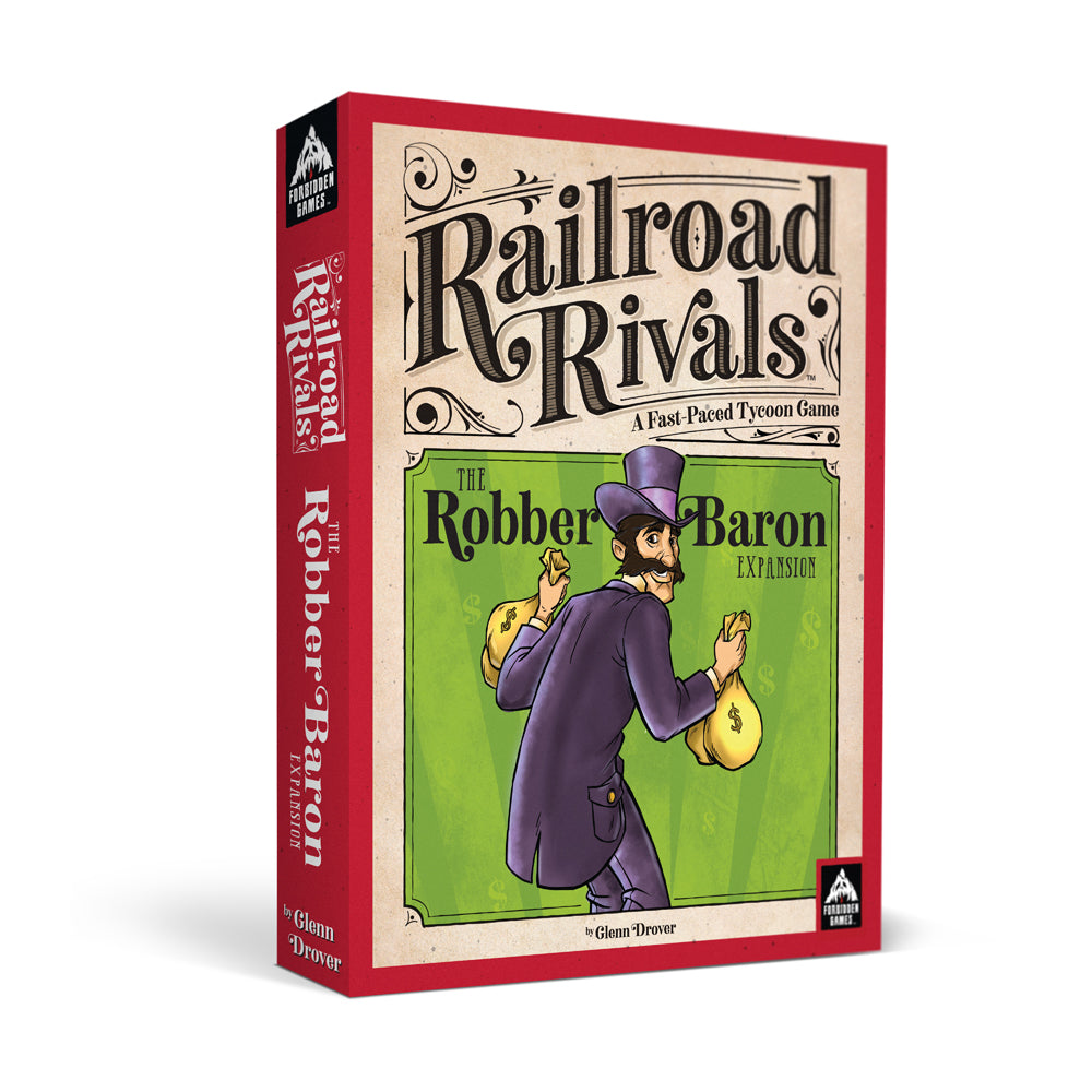 Railroad Rivals Robber Baron Expansion board game box featuring vintage-style artwork with a mustachioed man in purple suit and top hat holding money bags on gr