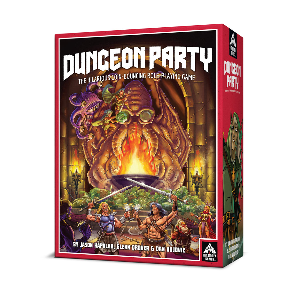 Dungeon Party board game box featuring red border, fantasy artwork with adventurers around a campfire facing a flaming monster, purple octopus creature, and dun