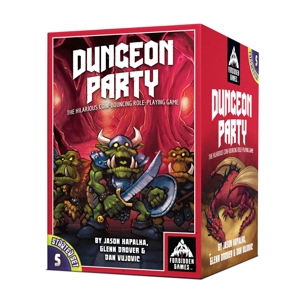 Dungeon Party Starter Set board game box featuring cartoon green goblin characters with weapons on red background, by Jason Hapalka, Glenn Drover & Dan Vujovic