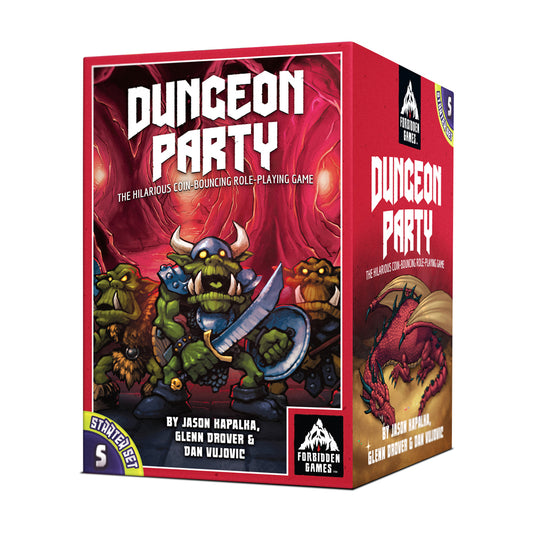 Dungeon Party Starter Set board game box featuring cartoon green goblin characters with weapons on red background, by Jason Hapalka, Glenn Drover & Dan Vujovic