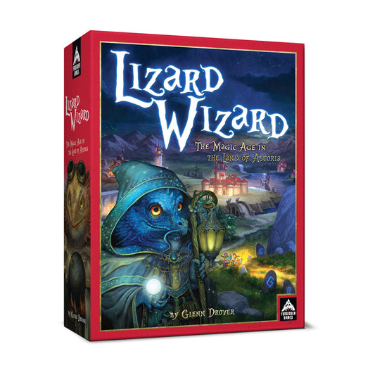 Lizard Wizard board game box with red packaging featuring a blue wizard lizard character wearing a hat and holding a glowing orb, fantasy castle landscape in ba