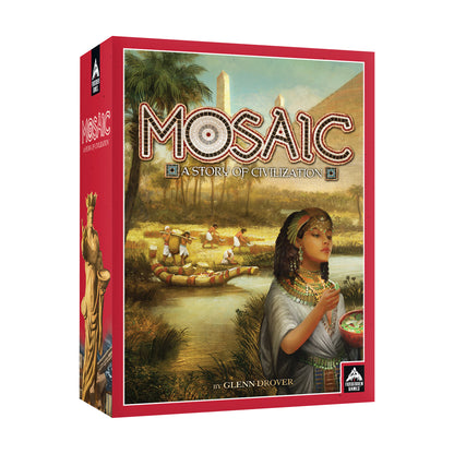 Mosaic: A Story of Civilization board game box with red packaging, showing ancient Egyptian scene with woman in traditional dress and Nile River settlement in b