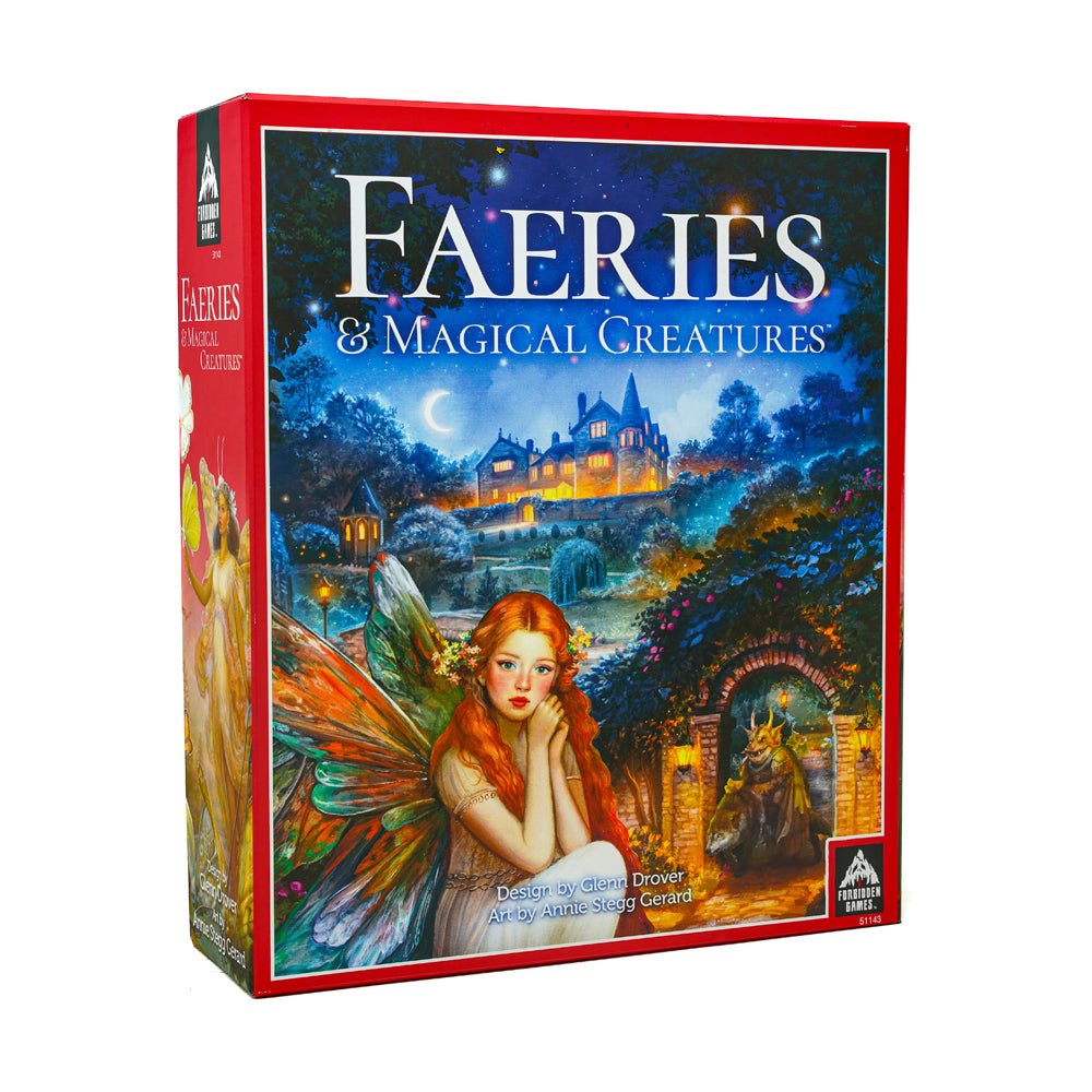 Faeries & Magical Creatures board game box featuring a red border, illustrated fairy with orange hair and wings before a glowing castle in a magical nighttime l