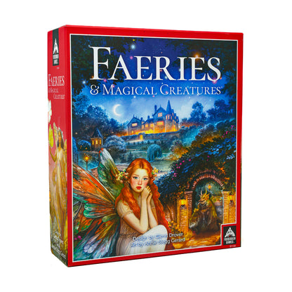 Faeries & Magical Creatures board game box featuring a red border, illustrated fairy with orange hair and wings before a glowing castle in a magical nighttime l