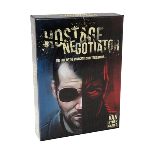 Hostage Negotiator Solo Strategy Card Game box featuring a man with an eye patch on blue and red background with Van Ryder Games logo