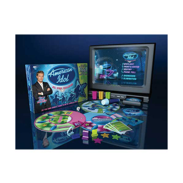 American Idol All Star Challenge DVD Trivia Game displayed with game board, cards, colored pieces, microphone, and TV monitor showing gameplay screen
