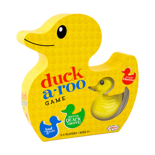 Duck-a-Roo Memory Matching Game box featuring bright yellow duck-shaped packaging with game title, floating rubber ducky game piece, and text indicating 2-4 pla