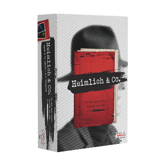 Heimlich & Co. board game box featuring a red spy suitcase with black silhouette profile and dotted halftone background