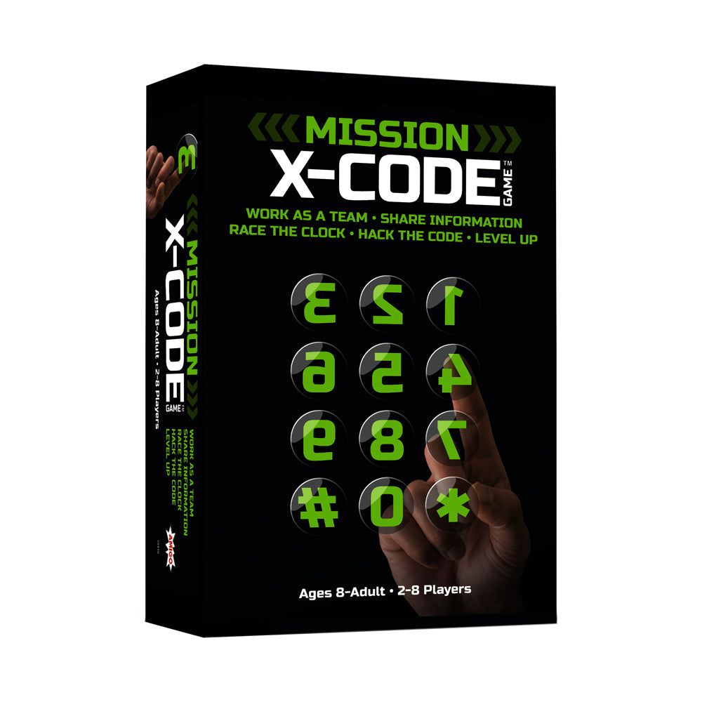 Mission X-Code board game box featuring black packaging with neon green text and symbols, showing a hand touching illuminated code buttons, for ages 8-adult, 2-