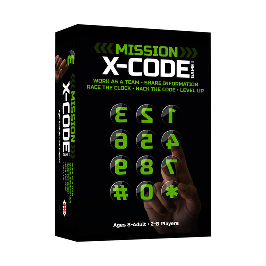 Mission X-Code board game box featuring black packaging with neon green text and symbols, showing a hand touching illuminated code buttons, for ages 8-adult, 2-