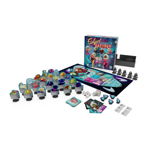 Fidget Factory Deluxe Edition board game with box, game board, fidget pods, dice, cards, and game pieces displayed on plain background