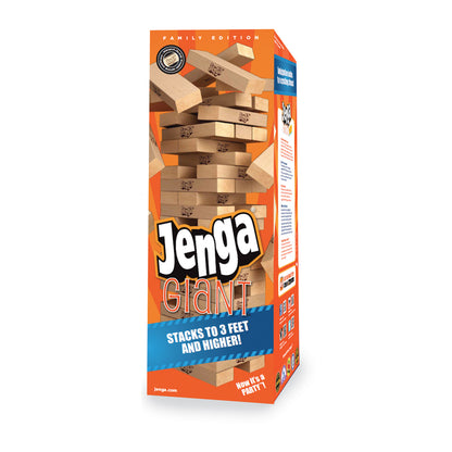Jenga Giant Family Edition box with stacked wooden blocks, orange and blue packaging, labeled 'Stacks to 3 Feet and Higher!'