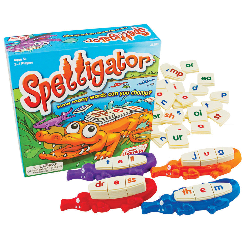 Spelligator word-building game with blue box, colorful alligator-shaped letter tiles in red, blue, orange, and purple, and cream-colored letter blocks