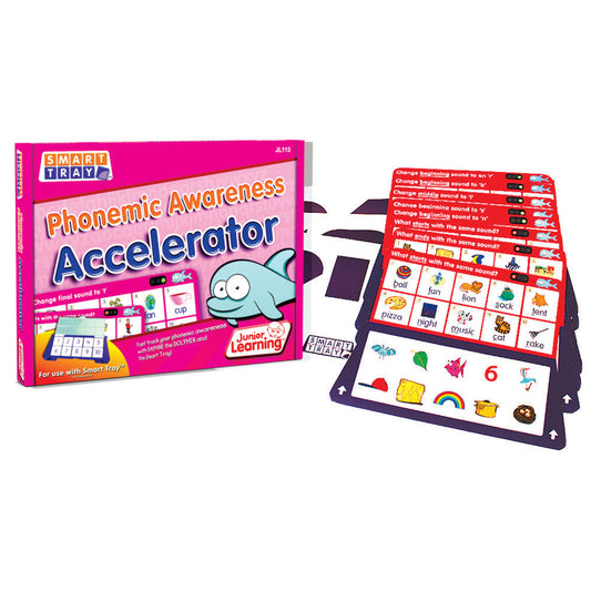 Phonemic Awareness Accelerator learning game showing pink box packaging and purple interactive tray with sound cards and picture tiles for phonics instruction