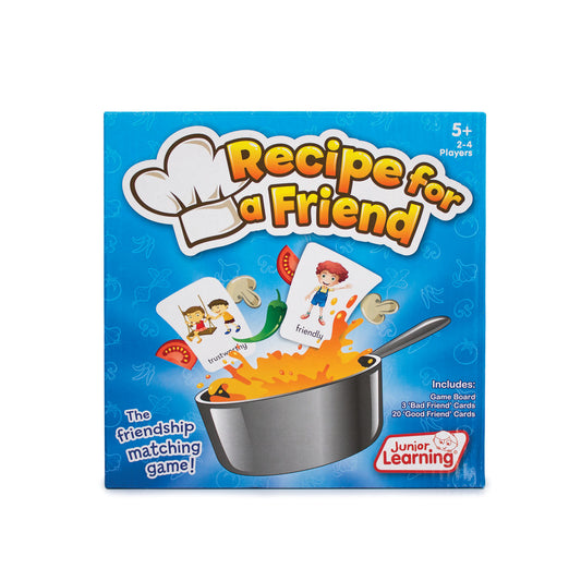 Recipe for a Friend board game box featuring a chef's hat logo, cooking pot with ingredient cards, and Junior Learning branding for ages 5+