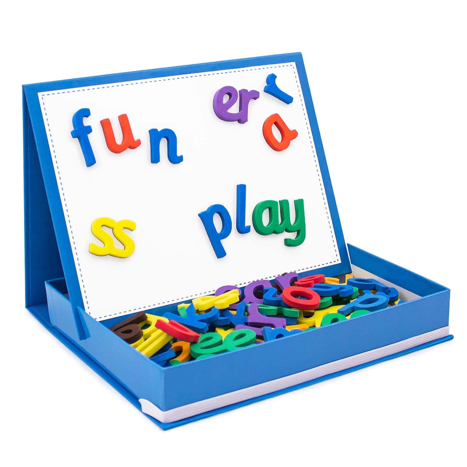 Rainbow Phonics Magnetic Letters 85-Piece Set with blue learning board displaying colorful letters spelling fun words