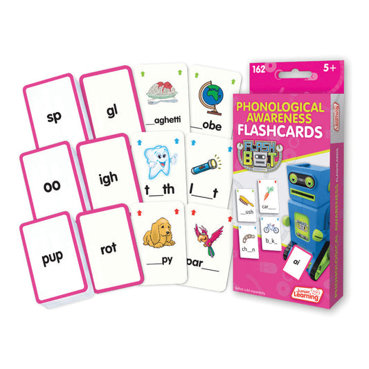 Phonological Awareness Flashcards set with pink-bordered cards showing letter combinations and pictures, plus blue robot-shaped storage organizer, for ages 5+