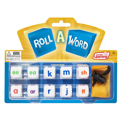 Junior Learning Roll A Word spelling dice game with vowels, consonants, and digraphs cubes in yellow carry sack