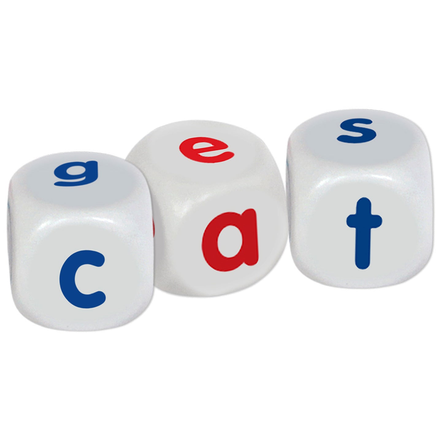 Roll A Word Spelling Dice Game three white dice with blue numbers and red letters in carry sack