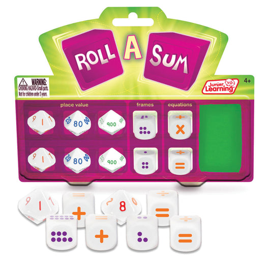 Roll A Sum math game by Junior Learning with hexagonal dice showing place value, frames, and equations on a lime green and magenta storage case