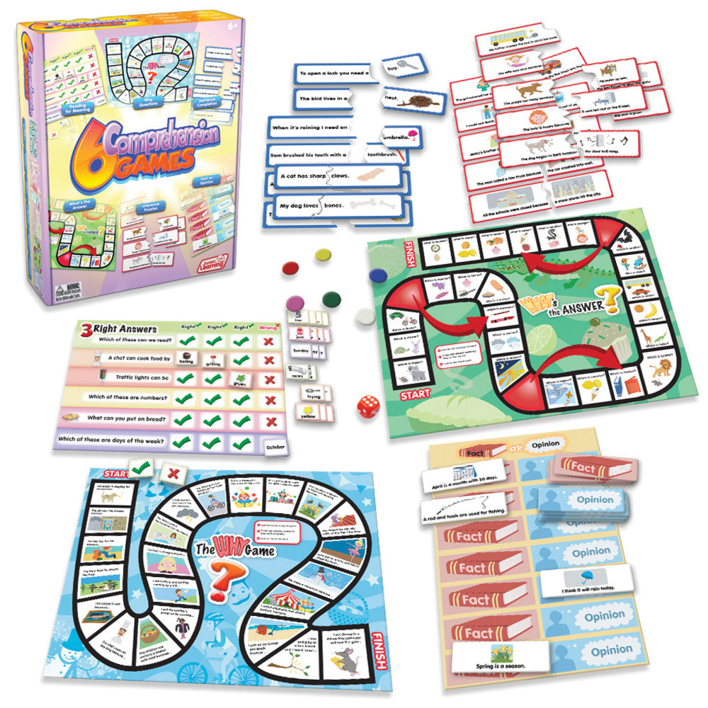 Comprehension Games board game set with multiple games including board paths, word cards, sentence-building cards, fact and opinion cards, and colored game piec