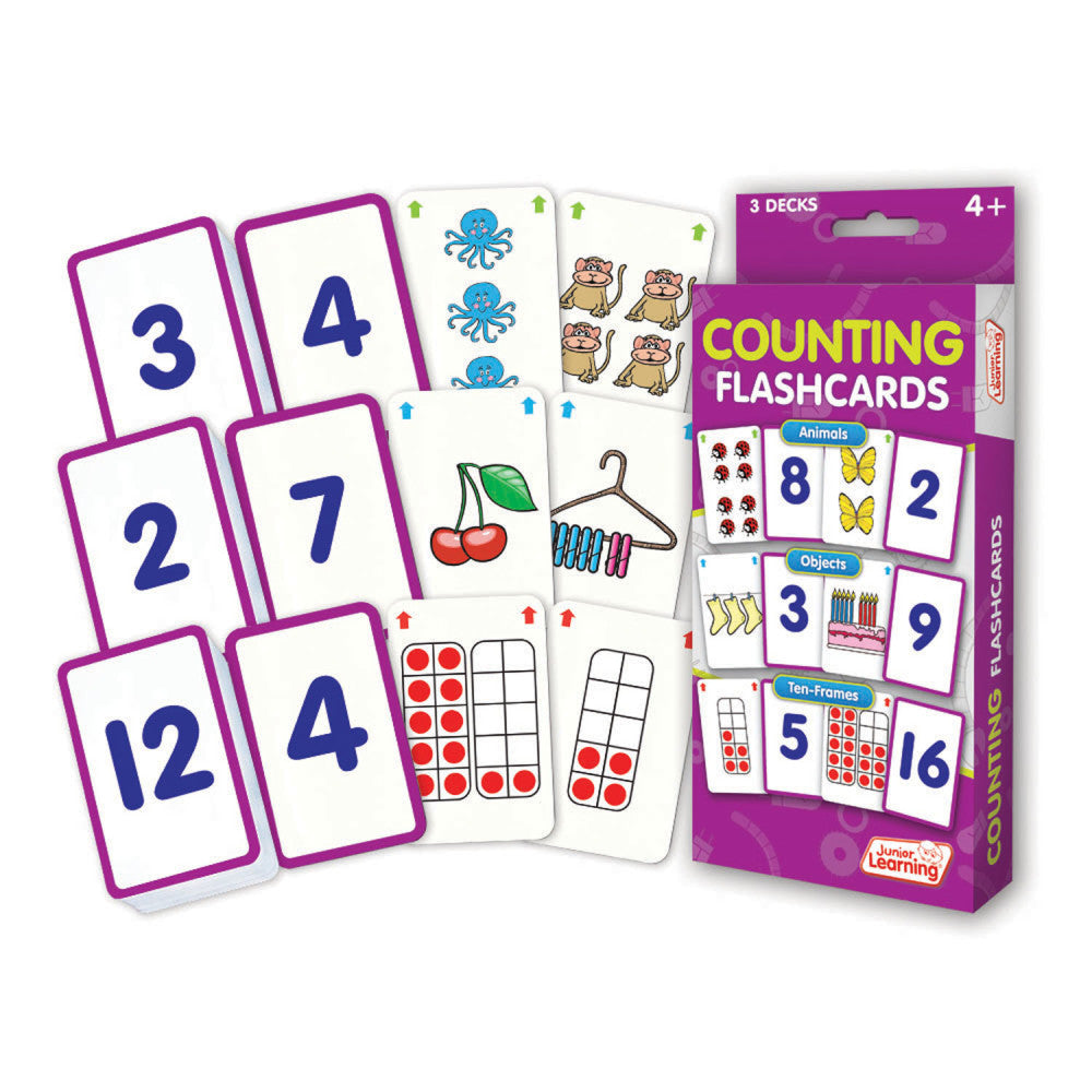 Counting Flashcards Set with 3 decks showing number cards, animal cards, object cards, and ten-frame cards for ages 4+