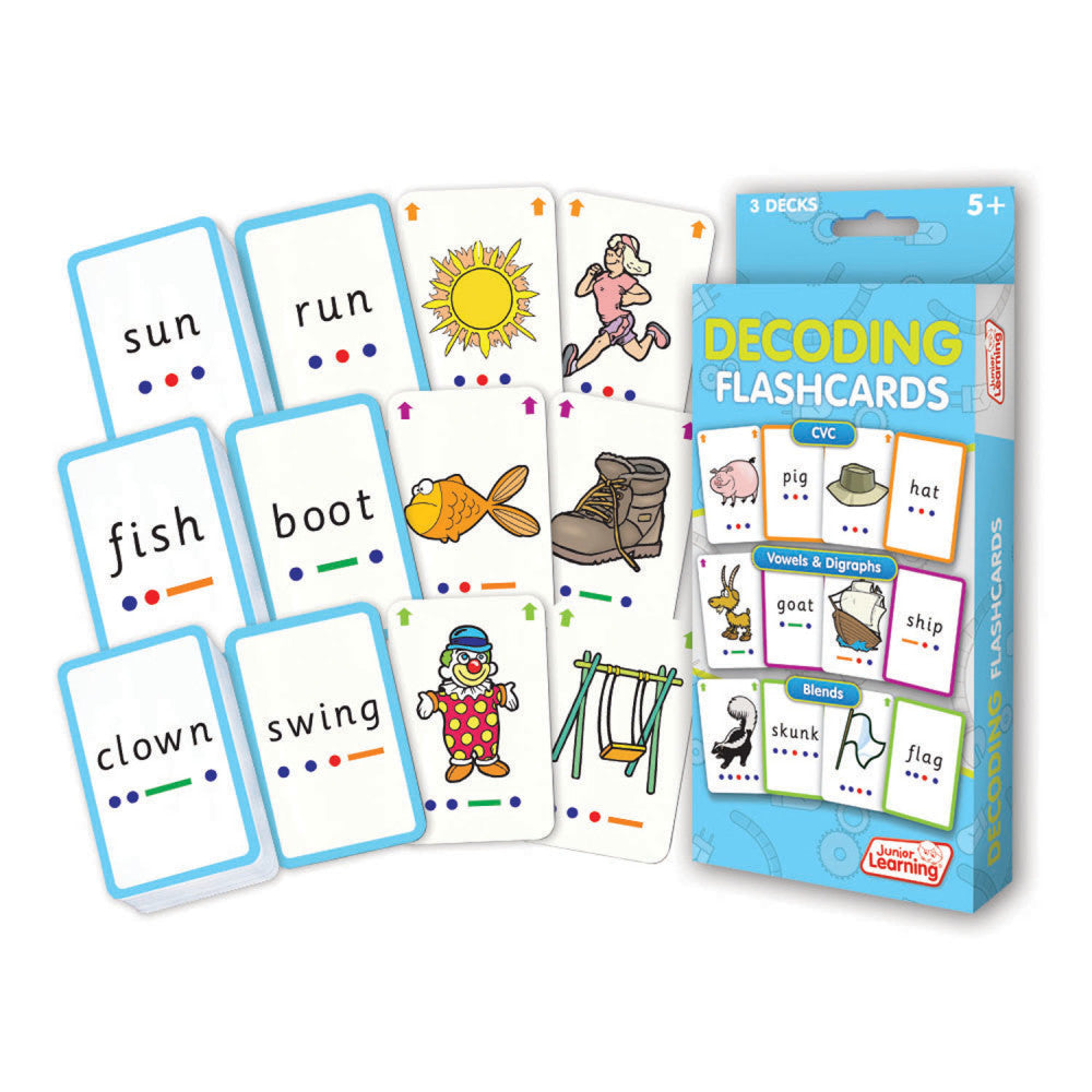 Decoding Flashcards set with blue box showing 3 decks for ages 5+, displayed with sample cards featuring words like sun, run, fish, boot, clown, swing with colo