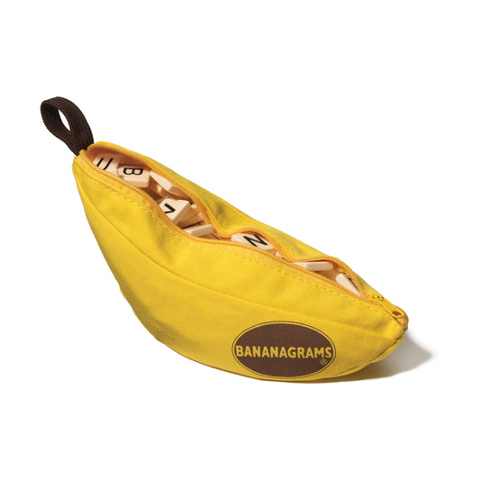 Bananagrams word game in yellow banana-shaped fabric pouch with brown handles and label, showing small letter tiles visible inside the open top